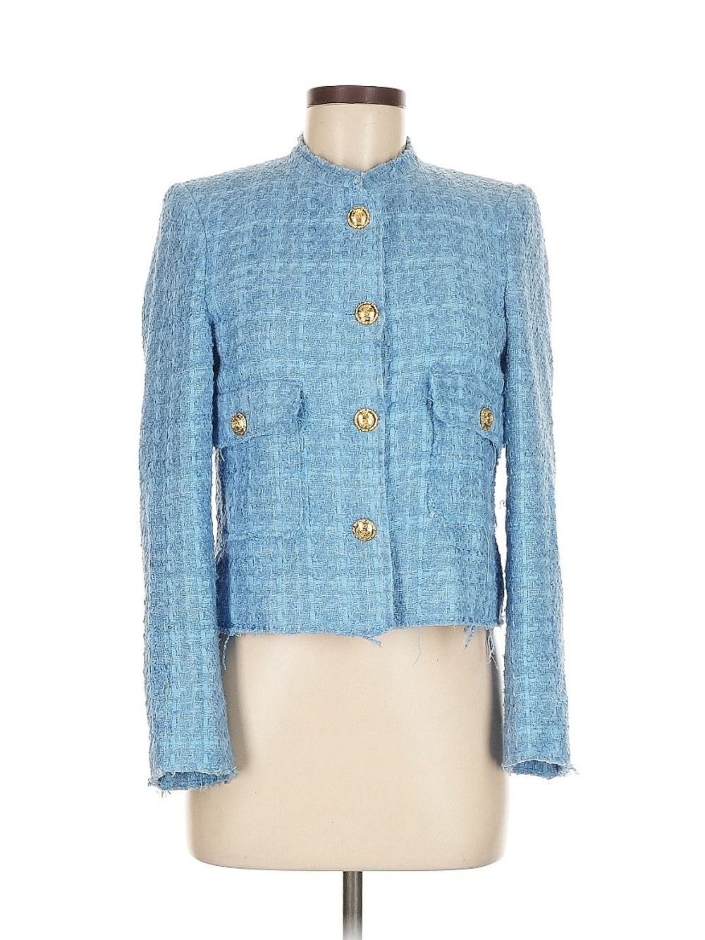 Zara Light Blue Tweed Cropped Jacket with Gold Buttons
